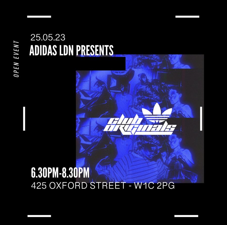 Flyer for the second Adidas in store event on Oxford Street, with a DJ set, live performances and giveaways